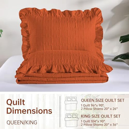 DJY King Quilt Set 3 Pieces, Lightweight Ruffled Bedspread, Orange