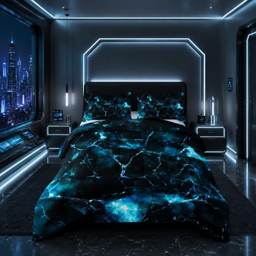 Nttopship Blue Comforter Set Full Size，Blue Marble Bedding Set 3 Pcs Bedding for Adults, Marble Room Decor with Comforter and 2 Pillowcases Soft and Lightweight B-Side Black