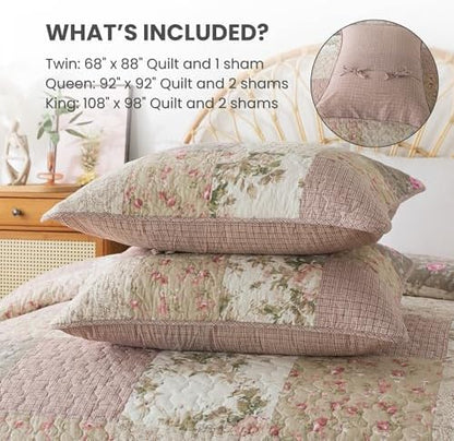 SLPR - Secret Garden Pink Patchwork Cotton Quilt Set, Twin with 1 Sham