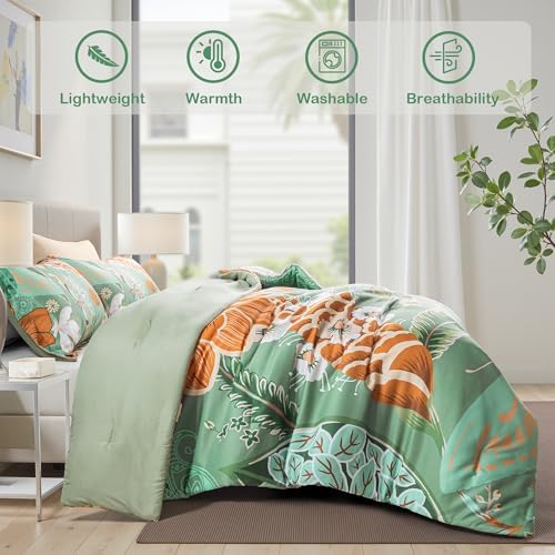 Tyrot Sage Green Boho Floral Queen Comforter Set - 3 Piece Farmhouse Botanical Bedding Comforter Sets for All Season Soft Lightweight Mid Century Bed Set, (1 Reversible Comforter and 2 Pillow Shams