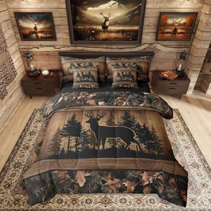 Erosebridal 7 Piece Farmhouse Deer Full Bed in A Bag Camo Woodland Hunting Comforter Set with Sheets | for Kids Boys Teen Men,Rustic Cabin Bed in A Bag Wildlife Animal Print Bed Set Country Decor