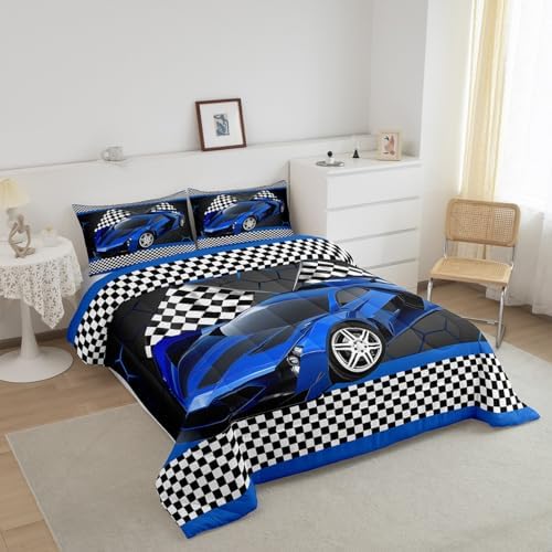 Feelyou Race Car Comforter Set for Kids Boys Black White Checkered Flag Print Comforter Extreme Sports Bedding Set King Size Bedroom Decor Honeycomb Speed Sports Car Blue Duvet Set 3pcs