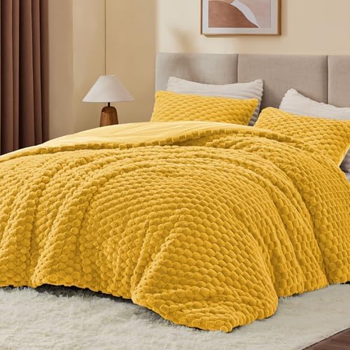 BEDELITE Fluffy Queen Comforter Set, Yellow Fleece Bed Set 3 Pieces