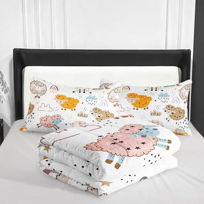 Nttopship Cute Cartoon Sheep Comforter Set King Size,100% Soft Ultra-Fine Fiber Four Season Cloud Rainbow Comforter Set for Kids with 1 Comforter and 2 Pillow Case