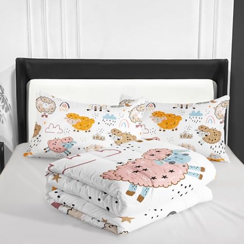 Nttopship Cute Cartoon Sheep Comforter Set Full Size,100% Soft Ultra-Fine Fiber Four Season Cloud Rainbow Comforter Set for Kids with 1 Comforter and 2 Pillow Case
