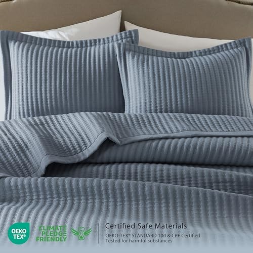 WDCOZY Dusty Blue Twin Size Quilt Set, Striped Pick Stitch Bedspread