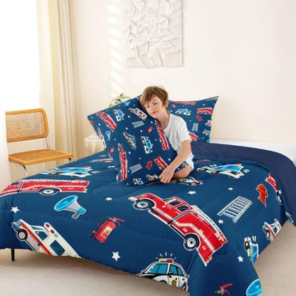 Feelyou Fire Truck Comforter Set King Size Police Car Bedding Set for Kids Boys Girls Ambulance Cartoon Car Duvet Quilt Bedroom Decor Microfiber 3 Pcs with 2 Pillow Cases
