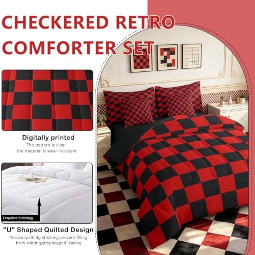 Feelyou Checkered 7 Piece Bedding Set Teen Red Black Plaid Comforter Set with Sheets Full Size Kids Boys Cute Retro Neutral Checkerboard Geometric Bed in a Bag Vintage Aesthetic Room Decor