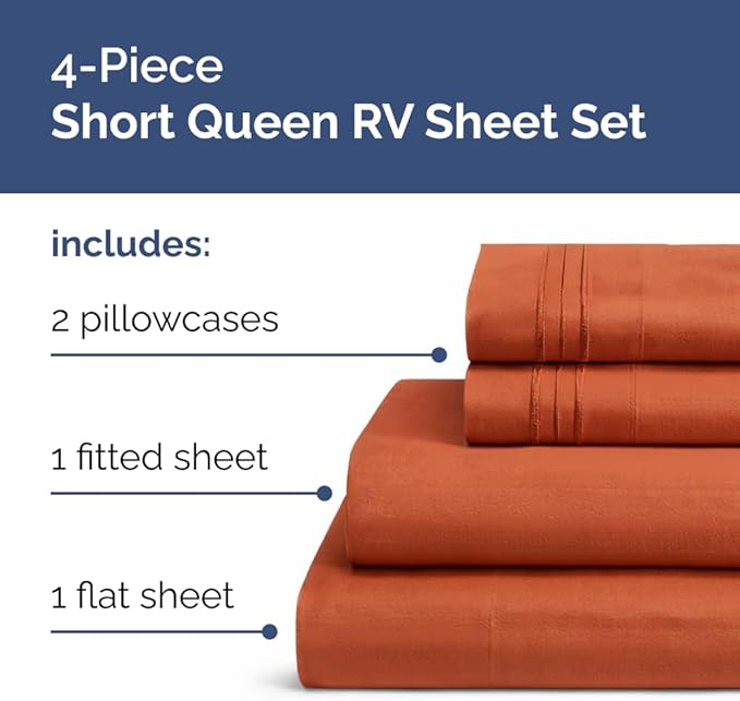 Short Queen Size 4 Piece Sheet Set - RV Short Queen, Soft, Breathable & Cooling Bed Sheets Set w/ Deep Pockets - Hotel Luxury Bedding for Women, Men, Kids, Teens, Boys & Girls - Oeko-Tex - Terracotta