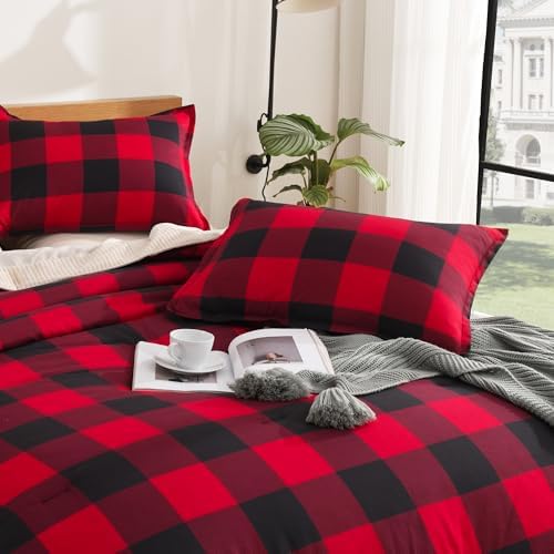 Andency Buffalo Plaid Comforter Full, Red Black Checkered Gingham Grid
