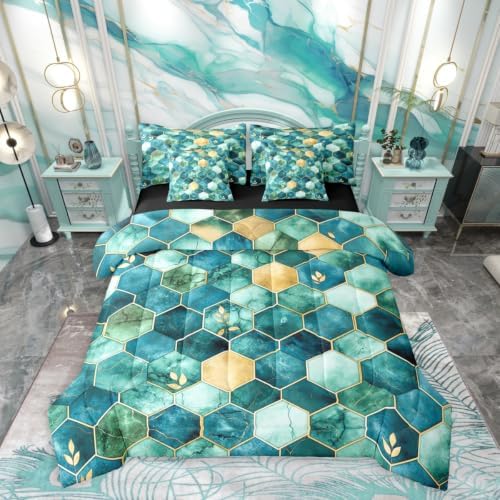 Erosebridal 3D Marble Honeycomb Comforter Set Full Size,Geometric Hexagon Bedding Set for Kids Teens,Modern Foil (Comforter+Fitted+Flat Sheet+2 Pillowcases+2 Throw Pillow Covers) 7 Pieces Bed Set