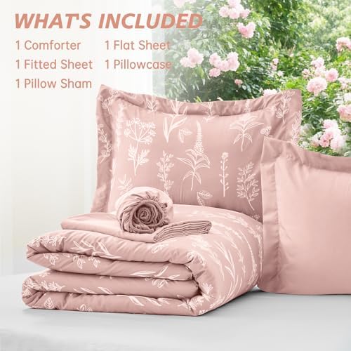 MUXHOMO Cameo Pink TwinXL Comforter Set, Elegant Floral Print Bed in a Bag 5 Pieces, Ultra Soft & Breathable Reversible Botanical Pattern Bedding Set with Comforter, Sheets, Pillowcase, and Sham