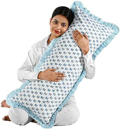 CPC Block Print Arctic Blue Ruffle Cotton Lumbar Pillow Cover 14x36 inch
