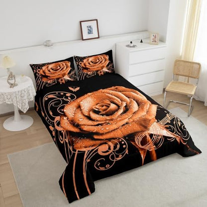 Feelyou Orange Rose Floral Comforter Set King Size Couple Valentine's Day Botanical Comforter for Girls Women Lover Music 3D Printed Blossom Flowers Bedding Set Romantic Duvet Set