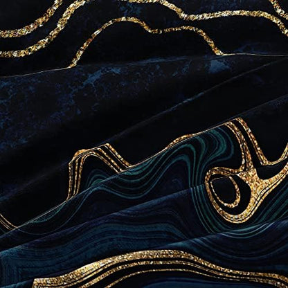 Dark Blue Marble Duvet Cover Set Queen Size Golden foil Bedding Comforter Covers Marbling Bed Set with 2 Pillow Shams Breathable Durable Soft Comfy