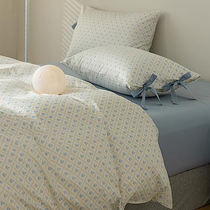 LifeTB Botanical Flower Comforter Set King Size Chic Blue Floral Bedding Comforter Vintage Style King Bed Comforter with 2 Bow Tie Pillowcases Boho Farmhouse Bedding Floral Aesthetic Comforter Set