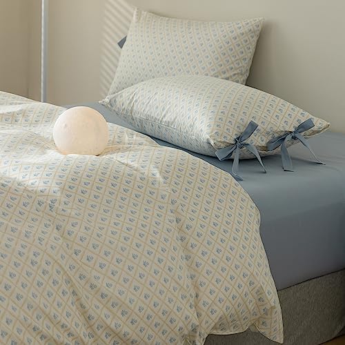 mixinni Blue Floral Duvet Cover Set Twin XL - 3 Piece Cottagecore Bedding Set with Bow Ties & Zipper Closure, 100% Cotton Soft Aesthetic Comforter Cover for Girls, Lightweight Breathable Country Style