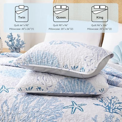 weigelia Coastal Quilt King Size, Blue Coral Lightweight Summer Bedding