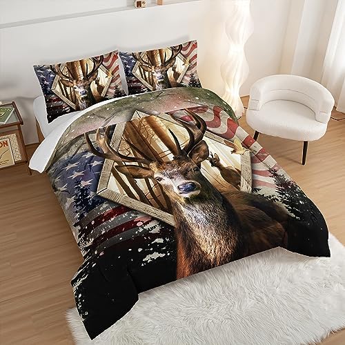 HOSIMA Hunting Bedding Sets 3Pcs Deer Comforter with 2 Pillowcases,Western Farmhouse Animal Hunting Stars Stripes USA Flag Queen Comforter Set for Teen Boys Mens Bedroom Essentials RV Inside Decor.