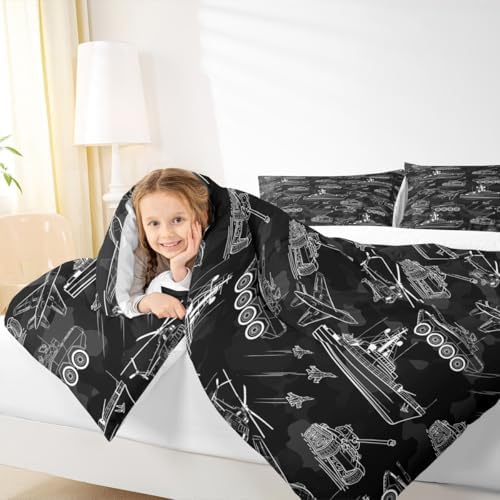 Manfei War Theme Comforter Set Twin Size, Aircraft Tank Ship Down Comforter with 1 Pillowcase, Black Army Camouflage Bedding Set 2pcs for Kids Boys Teen Bedroom Decor Lightweight Duvet Insert