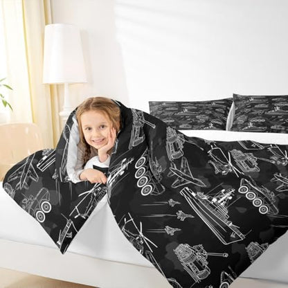 Manfei War Theme Comforter Set Full Size, Aircraft Tank Ship Down Comforter with 2 Pillowcases, Black Army Camouflage Bedding Set 3pcs for Kids Boys Teen Bedroom Decor Lightweight Duvet Insert