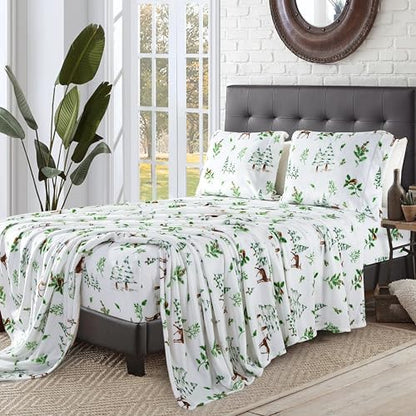 Elegant Comfort Luxuriously Soft 4-Piece Holiday Velvet Plush Flannel Sheet Set - Premium Quality - Cozy Warm, Christmas Fuzzy Velvet Flannel Fleece Deep Pocket Sheet Set - King, Enchanted Woods