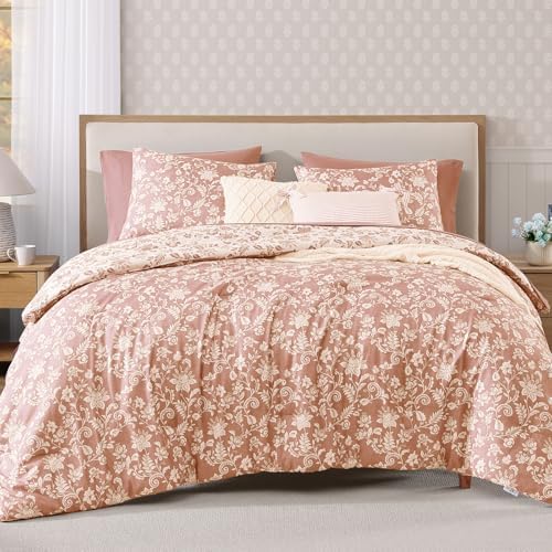 BLOOMHAVEN Queen Comforter Set-7 Pieces Pink Floral Bed in a Bag Queen