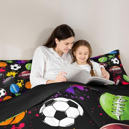 jejeloiu Sports Theme Kids Comforter Set Toddler Size Soccer Basketball Baseball Football Bedding Set Ball Games Duvet Quilt for Kids Boys Girls Bedroom Splash Ink Ball Games Decor Microfiber Ultra