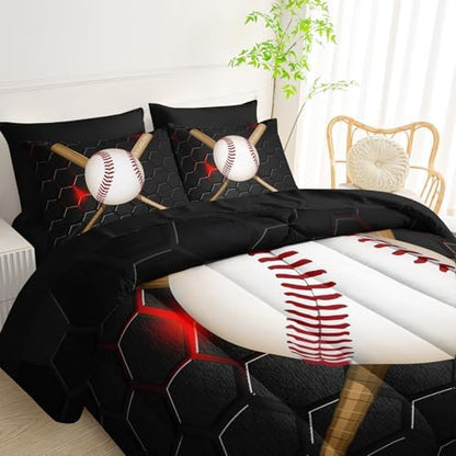 QOOMO Baseball 7 Pieces Comforter Set Twin Size,Honeycomb Bedding Set for Kids-Include 1 Comforter,1 Fitted Sheet,1 Flat Sheet,2 Printing Pillowcases and 2 Black Pillowcases