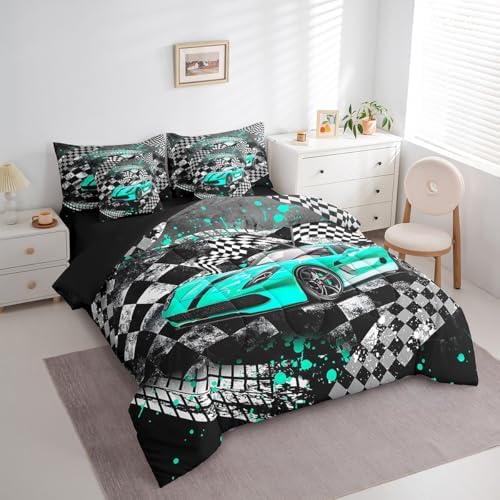 Castle Fairy Racing Car Comforter Set Bed in a Bag 7 Pieces Full,Boys Men Speed Sport Bedding Set,Vintage Abstract Geometric Track (Comforter+Fitted+Flat Sheet+2 Pillowcases+2 Throw Pillow Covers)