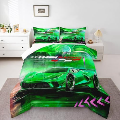 Feelyou Green Race Car Bedding Set Toddler Size for Kids Boys Extreme Sports Car Comforter Set Decorations Teens Galaxy Planet Car Duvet Set Cool Modern Quilt Set