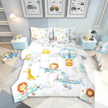 Erosebridal Cute Airplane Comforter Set with Sheets King Size, Cartoon Aircraft 7 Pcs Bedding Set, Lovely Lion Giraffe Hamster Wildlife Bed in A Bag, White Cloud Bed Sets for Boys Kids Girls Adults