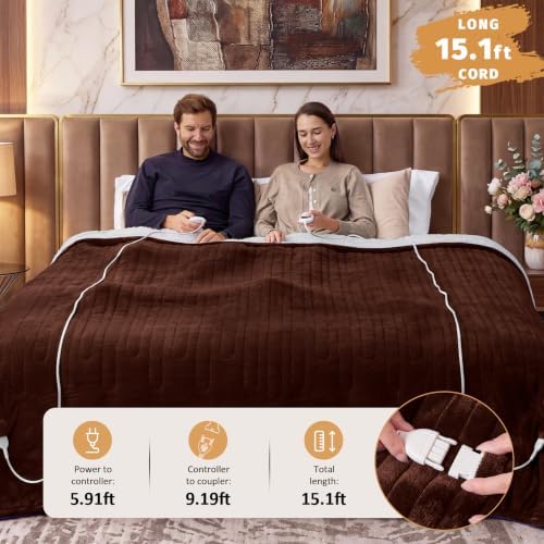 Heated Electric Blanket Queen Size, Dual Control, 84" x 90", Coffee