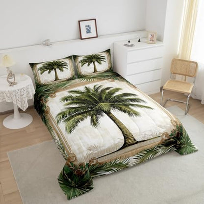 Homewish Coconut Tree Bedding Set Full Size,Tropical Plants Comforter Set 3Pcs for Kids Girls Boys Teens Room Decor,Rustic Vintage Brown Quilt Set Coastal Beach Duvet Insert,2 Pillowcases