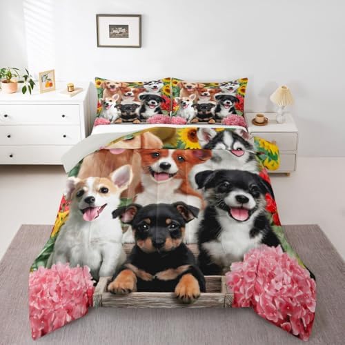 Dog Bedding Set for Boys Girls Kids Kawaii Room Decor Comforter Set Cute Pet Puppy Quilt Set Toddler Lovely Kawaii Pug German Shepherd Bedding Bedroom Collection 3Pcs Queen Size, with 2 Pillowcases