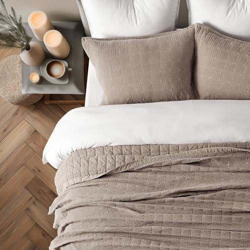 EVERGRACEHOME Stonewashed Cotton Quilt Set, Queen Size, Truffle Taupe Brown