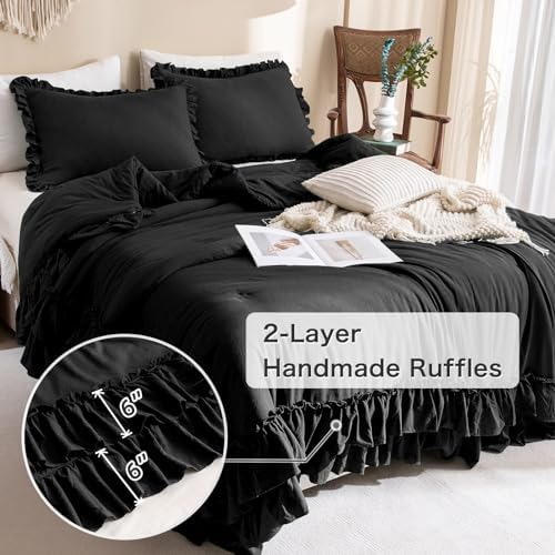 Masaca Black Ruffled Comforter King,Shabby Boho Chic Farmhouse King Bedding Comforter 3 Pieces Vintage Ultra Soft Rustic Bedding for All Season