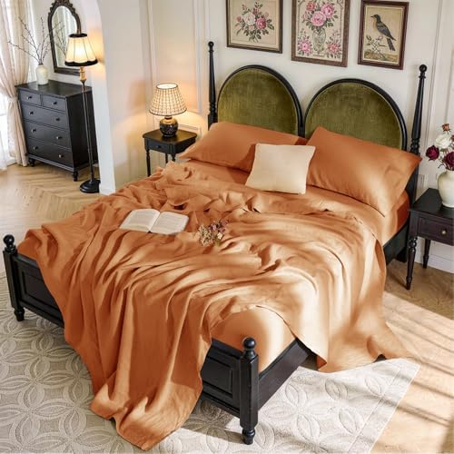 SONORO KATE 100% French Linen Queen Size Sheets Set,Natural Flax Bedding