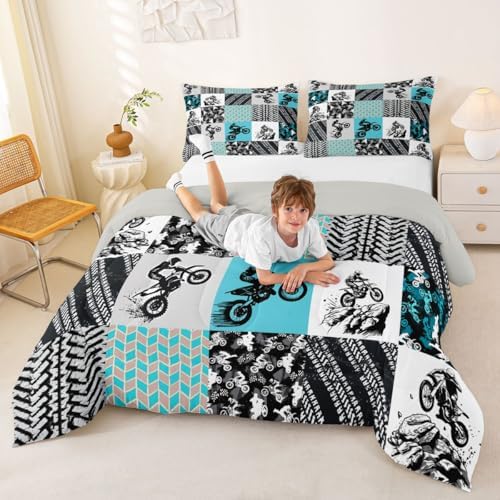 Feelyou Dirt Bike Comforter Set Full Size Motocross Bedding Set for Kids Boys Girls Extreme Sports Duvet Quilt Grunge Rider Bedroom Decor Tire Track Microfiber 3 Pcs with 2 Pillow Cases