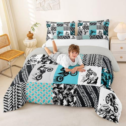 Feelyou Dirt Bike Comforter Set Full Size Motocross Bedding Set for Kids Boys Girls Extreme Sports Duvet Quilt Grunge Rider Bedroom Decor Tire Track Microfiber 3 Pcs with 2 Pillow Cases