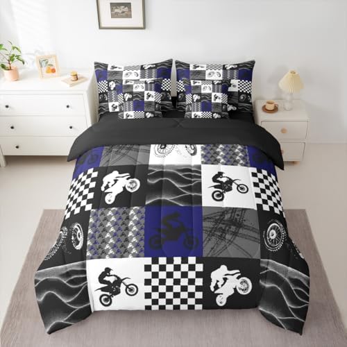 Erosebridal Dirt Bike Queen Comforter Set 7 Pieces, Motocross Rider Bed in A Bag, Motorcycle Grunge Bedding Set with Comforters, Sheets, Pillowcases Motorbike Extreme Sport Game Buffalo Plaid