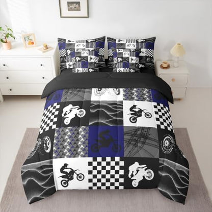 Erosebridal Dirt Bike King Comforter Set 7 Pieces, Motocross Rider Bed in A Bag, Motorcycle Grunge Bedding Set with Comforters, Sheets, Pillowcases Motorbike Extreme Sport Game Buffalo Plaid