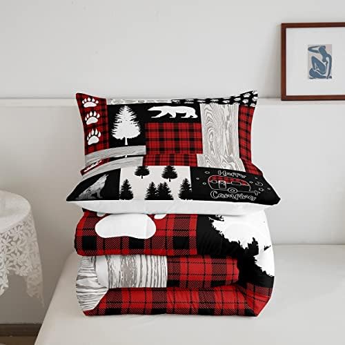 Woodland Animal Bedding Set,Buffalo Plaid Red and Black Comforter Set Twin,Bear Wolf Wildlife Rustic Cabin Bedding Comforter Sets for Boys Girls Camper Decor,Jungle Pine Tree Patchwork Quilt