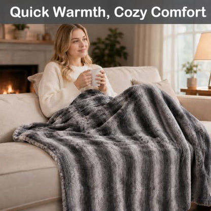 Eydna Electric Heated Blanket Throw Size 50"x60", Fast Heating Throw, Plush Faux Fur for Sofa & Office,4 Heating Levels & 4 Hours Auto Off, Machine Washable, Gifts for Womens-Gray White