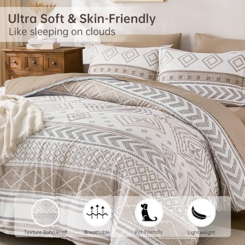 Yiran Boho Comforter Set Queen Size, 7 Pieces Aztec Khaki Bed in a Bag