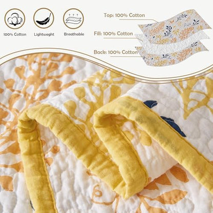 Queen Size Quilt Set - Cotton Floral Quilts Queen, Yellow, 90x98