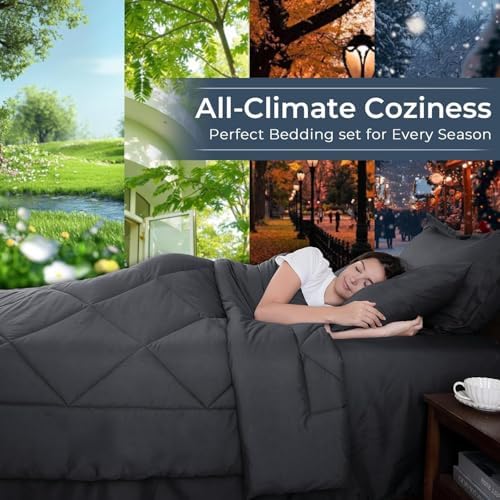 HEVUMYI 7-Piece Oversized Queen Comforter Set, Dark Grey Bed in a Bag