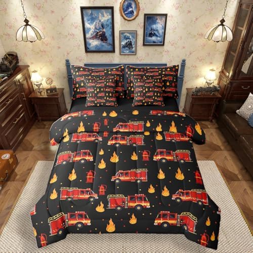 Erosebridal Fire Truck Queen Bed in A Bag for Boys, Black and Red Comforter Set with Sheets for Firefighter Room Decor, Cartoon Red Firemen Car 7 Pcs Bedding Set, Fire Engine Bed Sets