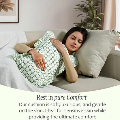 CPC Block Print Kelly Green Ruffle Cotton Lumbar Pillow Cover 12x20 inch