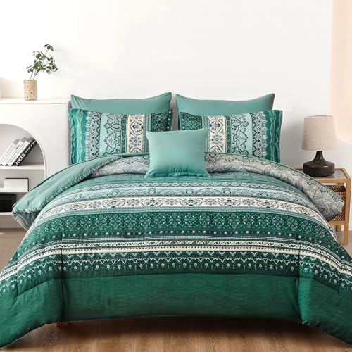 Cottolester Boho Comforter Set King Size,Teal Green Striped Bed in a Bag